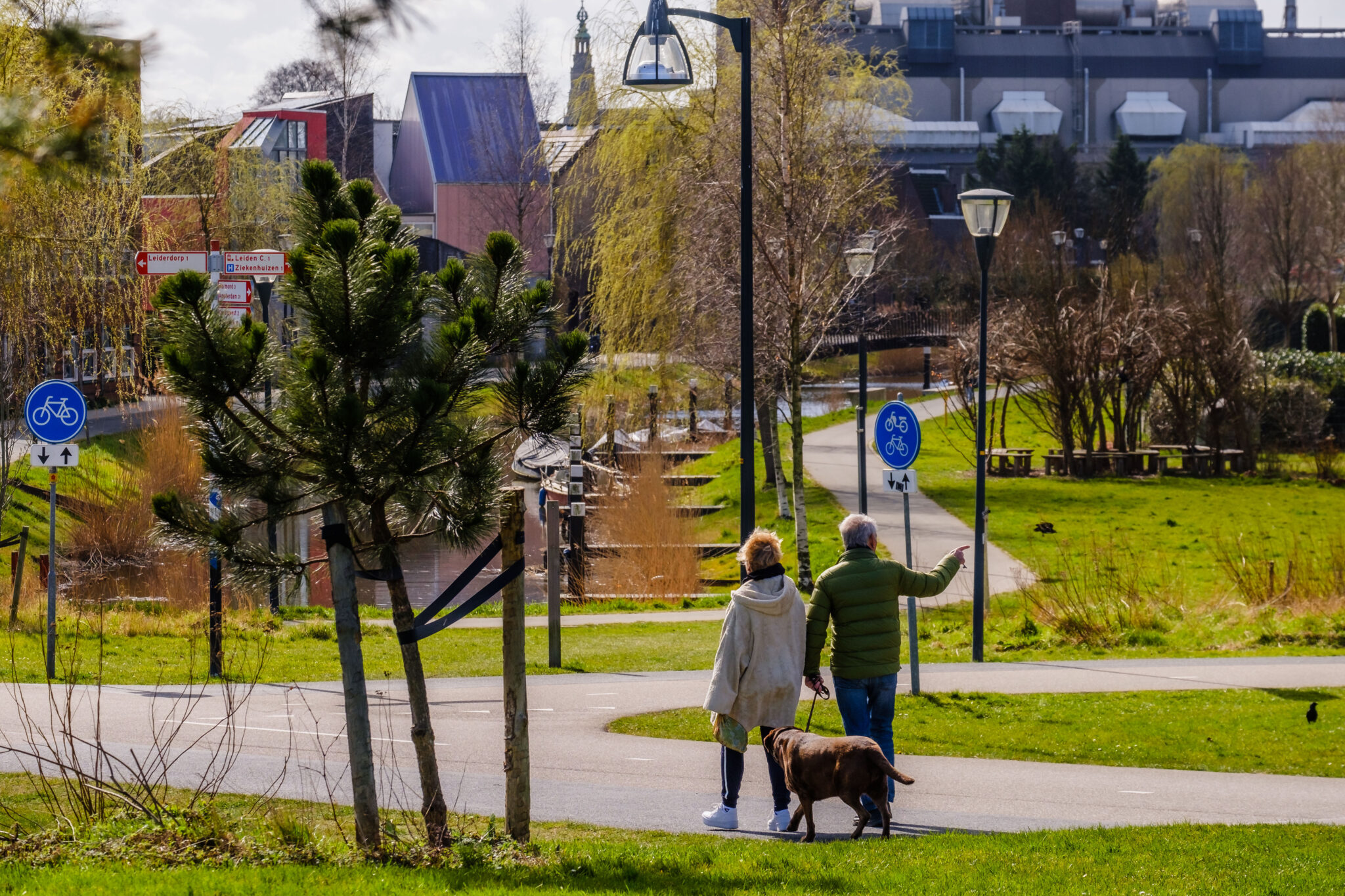 Echtpaar met hond, wandelend in Leiden