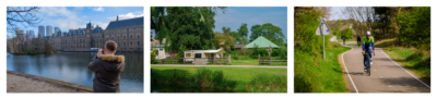 Afbeeldingen van toerisme: bij de hofvijver in Den Haag, fietsen in de duinen en een natuurcamping